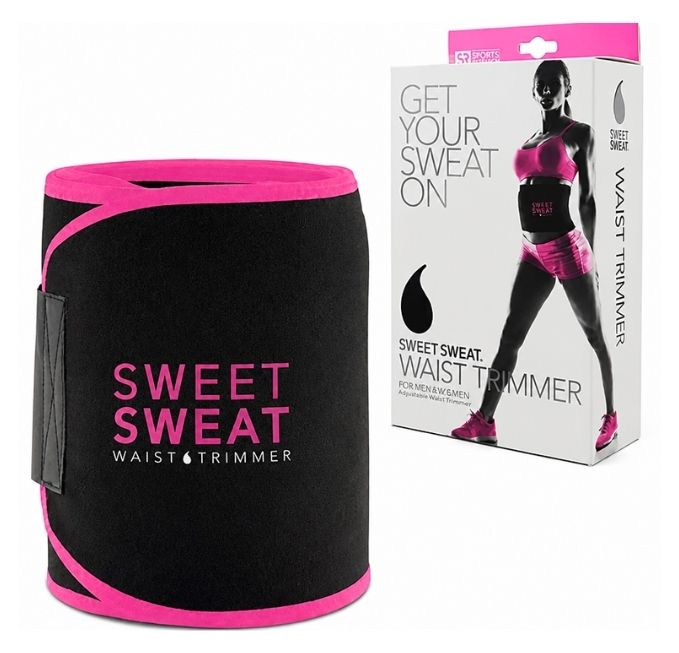 A black waist trimmer belt with bright pink trim and 'SWEET SWEAT WAIST TRIMMER' printed on the front, shown next to its white retail packaging box featuring a model wearing the product.