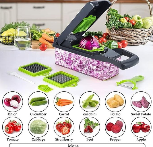 Multifunctional kitchen tool with various attachments on a kitchen counter, surrounded by vegetables.