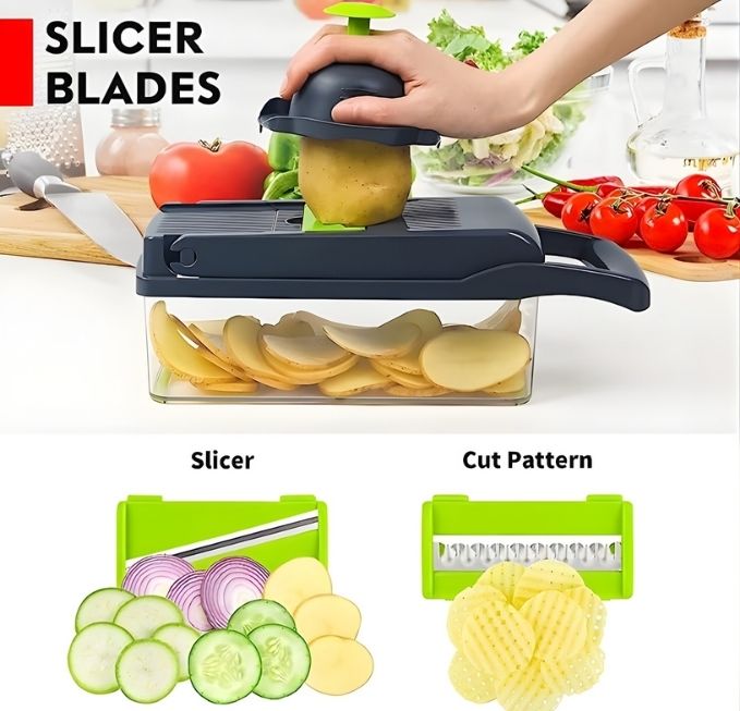 A manual vegetable slicer and dicer shown in use with a potato being pushed through dark gray blades, with sliced potato pieces collected in a clear container. The top section includes a hand operating the device and the text 'SLICER BLADES. Multi-blade vegetable cutter for fast and easy kitchen food preparation in UAE