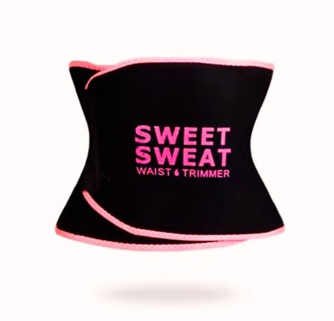 A black waist trainer belt with pink trim and the text 'SWEET SWEAT WAIST & TRIMMER' printed in pink on the front, shown against a plain white background.
