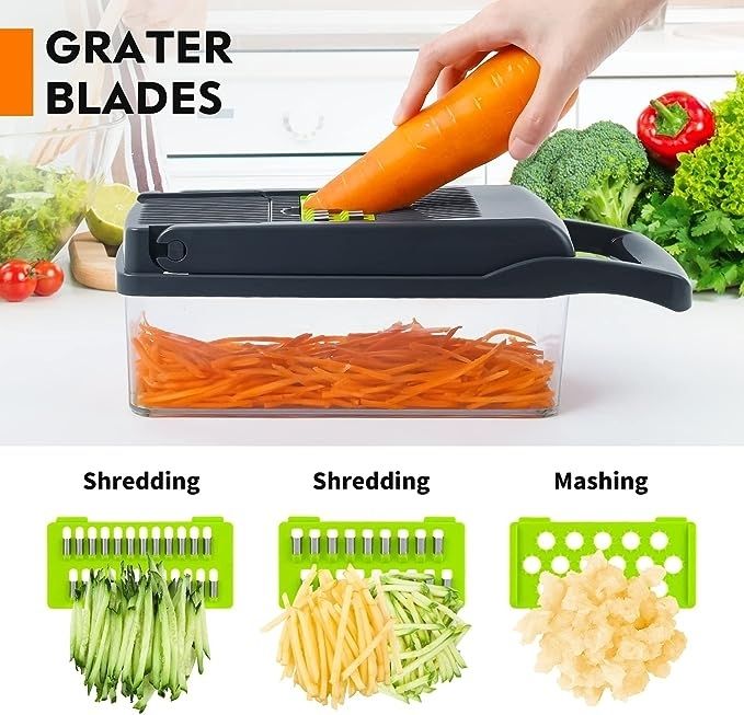 Vegetable grater with carrots being grated, surrounded by vegetables, and illustrations of shredding and mashing functions.