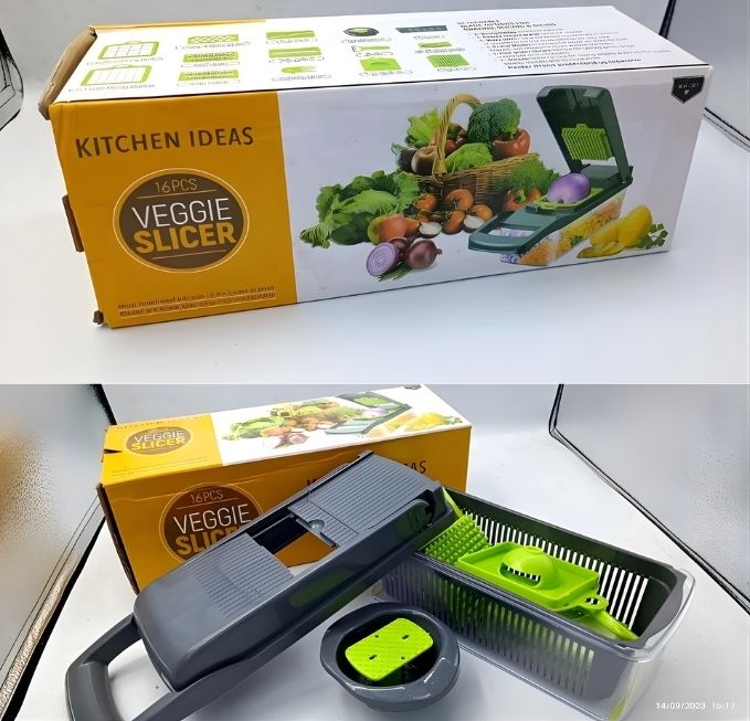 A collage showing a kitchen veggie slicer and its packaging. The top half shows the product box labeled 'KITCHEN IDEAS' and 'JACK'S VEGGIE SLICER' on a white surface. Veggie slicer vegetable cutter and chopper for kitchen use in UAE from Fakham Store
