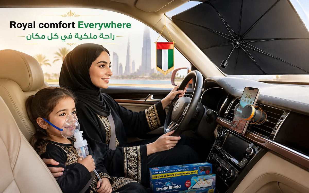 A woman and child sitting inside a luxury car UAE, with the woman wearing a black hijab and the child wearing a face mask. A black car sun shade is mounted on the windshield, and a box of BreaShield window film is visible on the dashboard.