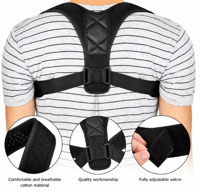A black posture corrector belt worn on a person's back, shown over a gray and white striped t-shirt. Three circular inset detail images at the bottom highlight breathable cotton material, adjustable velcro straps, and overall fit.