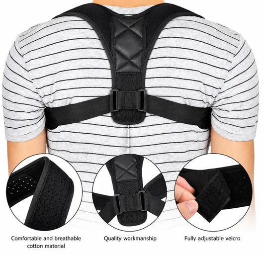 A black posture corrector belt worn on a person's back, shown over a gray and white striped t-shirt. Three circular inset detail images at the bottom highlight breathable cotton material, adjustable velcro straps, and overall fit.