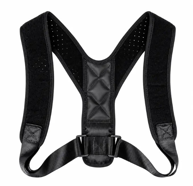 Black posture corrector harness with adjustable shoulder straps, a padded central back panel, and a quick-release buckle, shown on a plain white background.