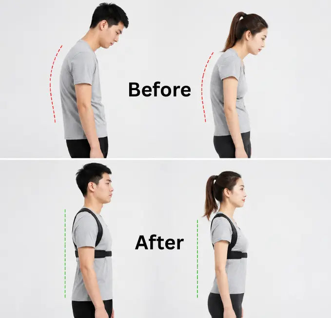 Before and after posture with an adjustable posture corrector belt for men and women